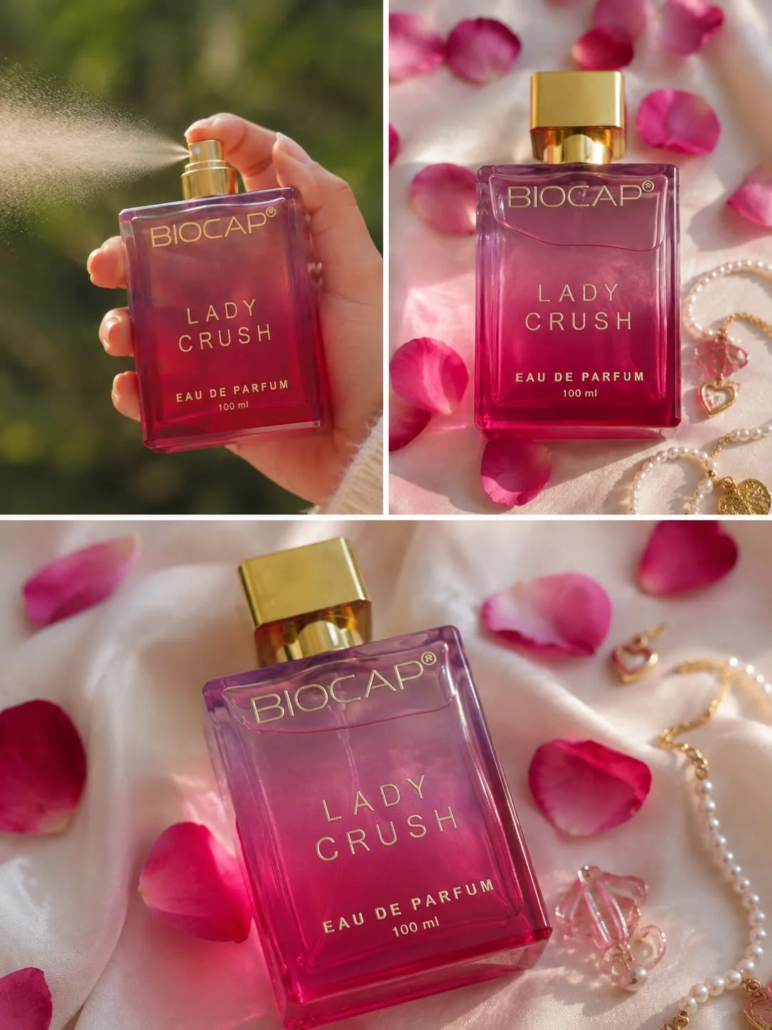 Three-panel collage of BIOCAP Lady Crush perfume, including a spray shot and two satin product compositions